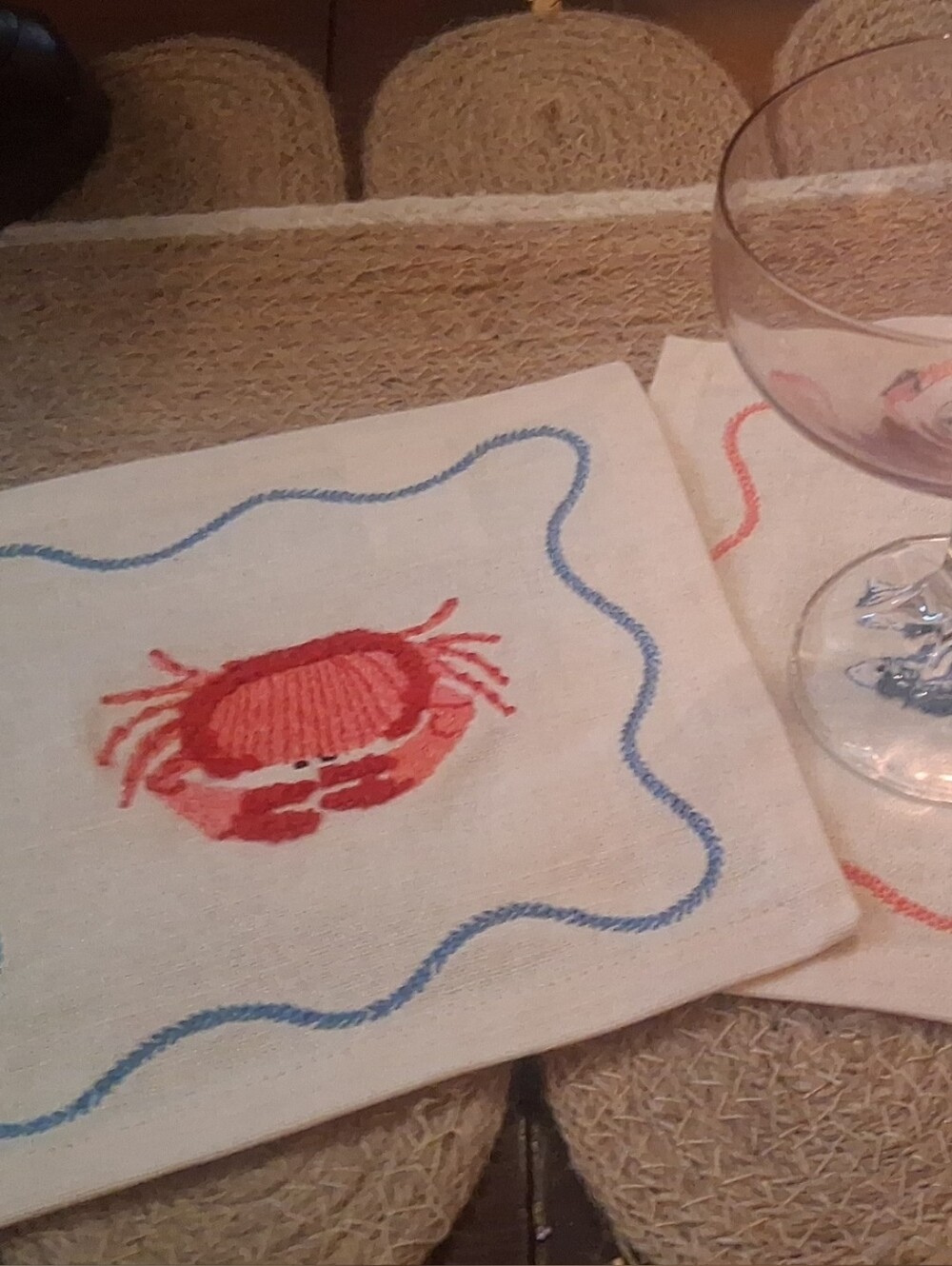 Embroidered Crab &Fish Cocktail Napkins - Red & Blue